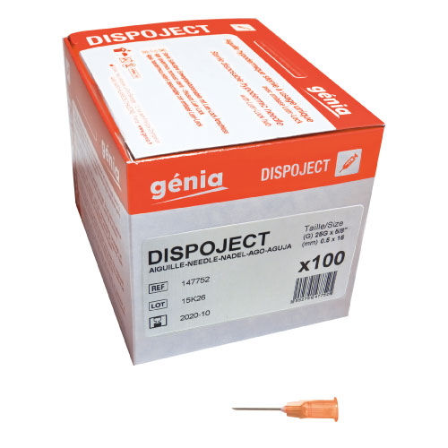 100 x Aiguilles DISPOJECT à usage unique 16mm X 0.5 25Gx5/8