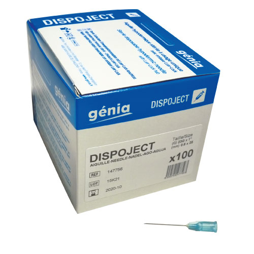100 x Aiguilles DISPOJECT à usage unique 25mm X 0.6 23Gx1