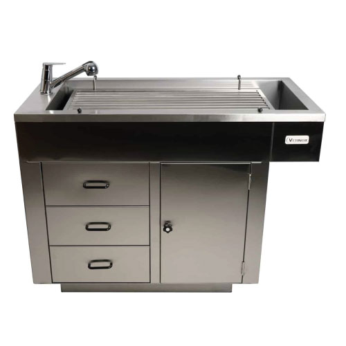 Table de préparation avec plateau barreaux 1 porte, 3 tiroirs et habillage