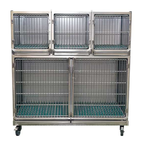 [CI004000] Ensemble 4 cages en inox 1C + 3A porte grille inox + séparation + 1 châssis à roulette