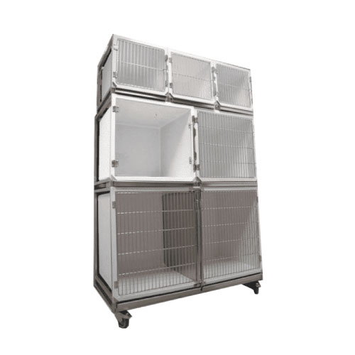 [CP006000] Ensemble 6 cages polyester : 1C + 2B + 3A porte grille inox + séparation + 1 châssis à roulettes