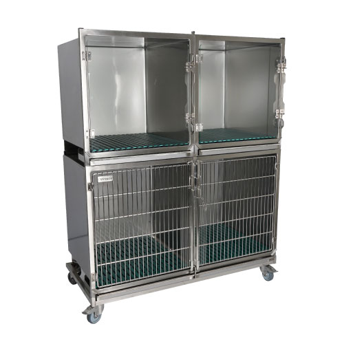 [CI003002] Ensemble 3 cages inox 1C - 2B - Séparation + 1 châssis à roulettes.