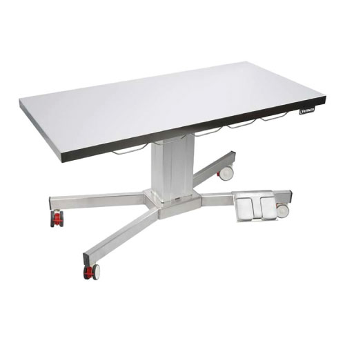 [TA600110] Table de consultation pied X sur 4 roues avec colonne électrique et plateau plat inox 125 x 60 cm