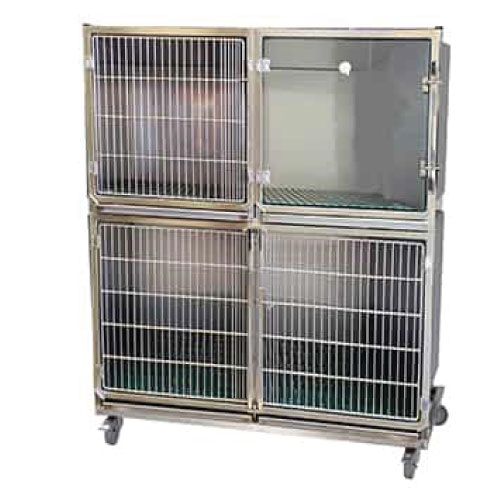 [CI003030] Ensemble 3 cages inox 1C + 1B porte grille inox +1B porte en verre trou O² + séparation + 1 châssis à roulettes