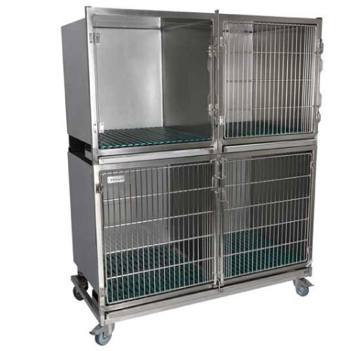 [CI003001] Ensemble de 3 cages inox avec porte grille, 1 porte en verre, sur châssis à roulettes