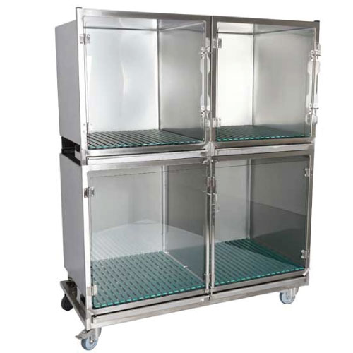 [CI003005] Ensemble 3 cages inox 1C+2B porte verre + séparation + 1 chassis à roulettes